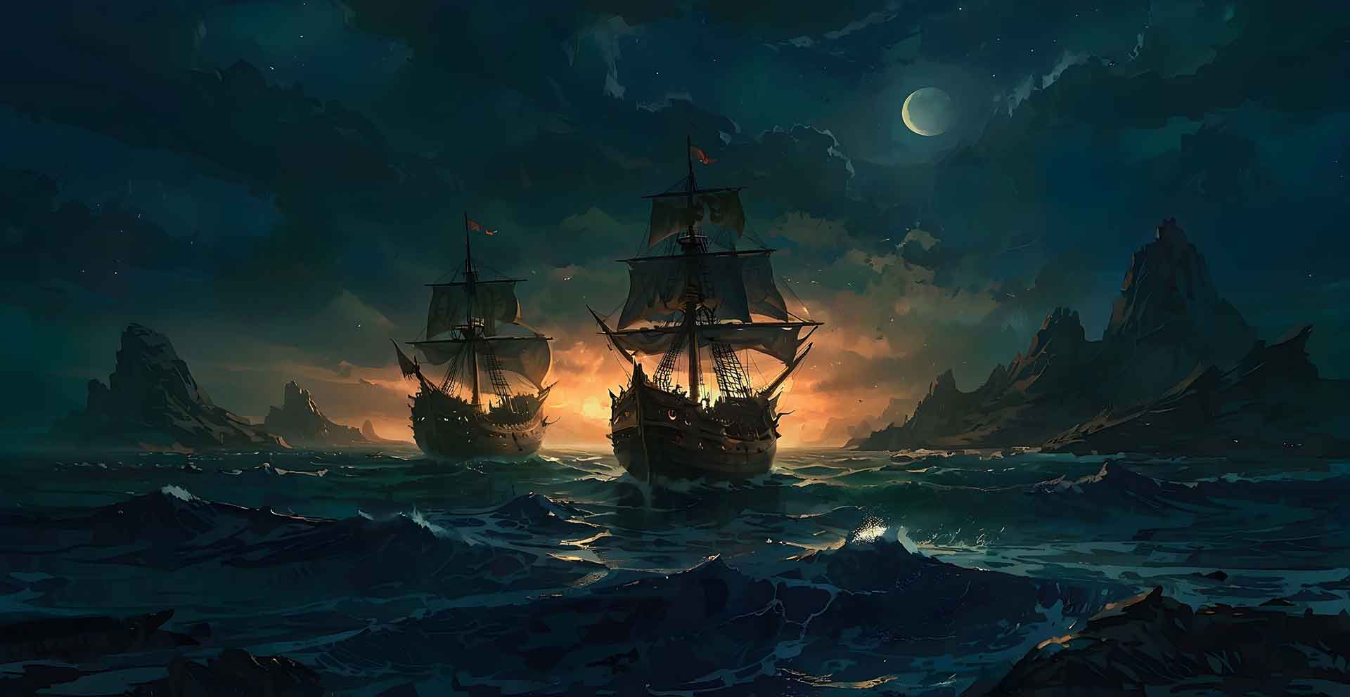 Two medieval ships on a stormy night